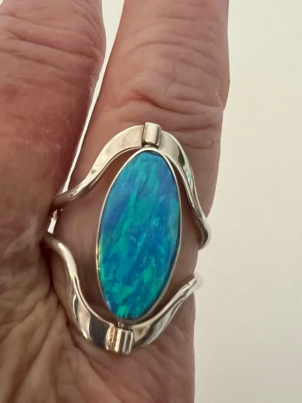 Blue Opalescent and Black Sterling Silver Reversible Ring - Women Jewelry Size 7